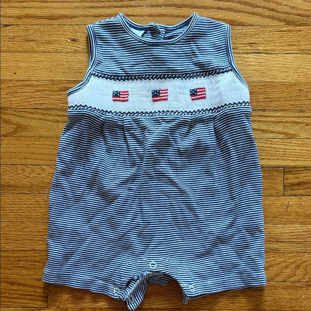 Navy Striped Baby Romper with Flag Accents